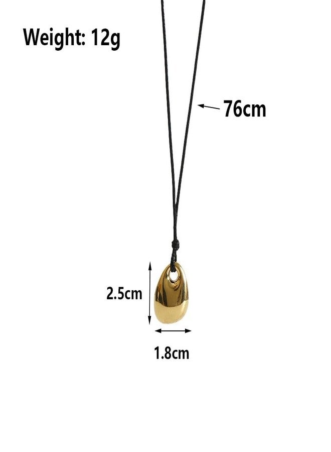 Uarein Dainty Oval Bean Pendant Necklace Simple Adjustable Black Leather Rope Collarbone Necklace Statement Jewelry Accessory Presents for Women Men (Gold) - Image 3